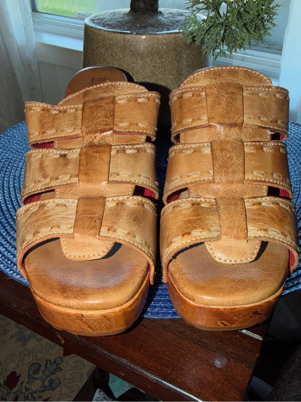 Bed Stu Tan Leather Woven Slide Sandals